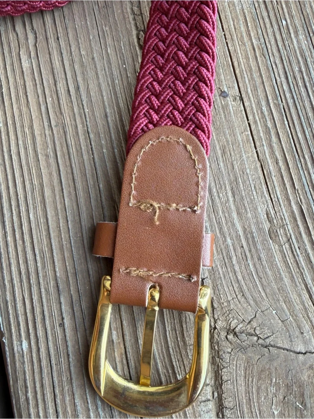 Burgundy Wine Braided Stretch Belt Gold Buckle Tan Leather Trim 45”
